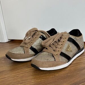 GUESS Tan & Gold Glitter Lace-Up Sneakers